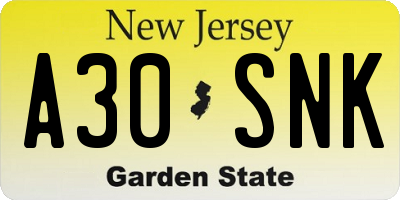 NJ license plate A30SNK