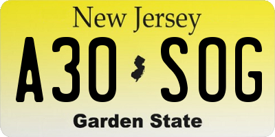 NJ license plate A30SOG