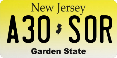 NJ license plate A30SOR