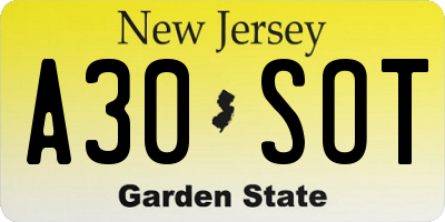 NJ license plate A30SOT