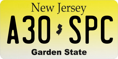 NJ license plate A30SPC