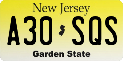 NJ license plate A30SQS