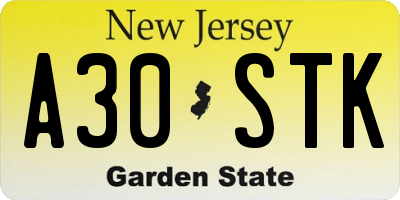 NJ license plate A30STK