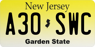 NJ license plate A30SWC