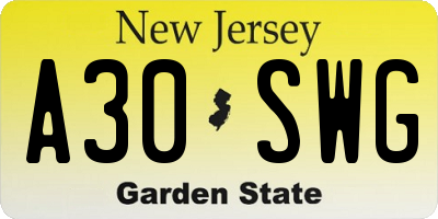 NJ license plate A30SWG