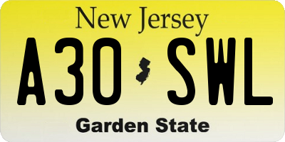 NJ license plate A30SWL