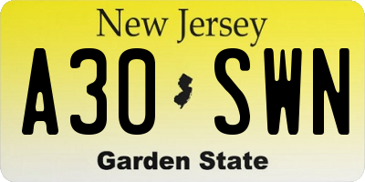 NJ license plate A30SWN