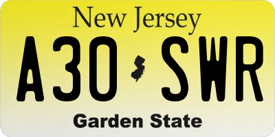 NJ license plate A30SWR