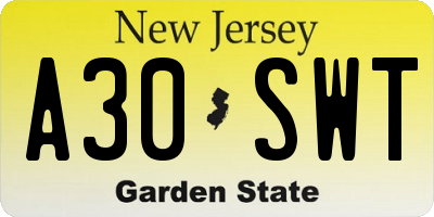 NJ license plate A30SWT