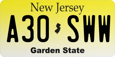 NJ license plate A30SWW