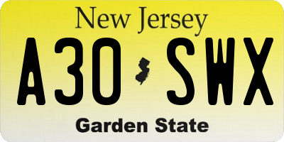 NJ license plate A30SWX