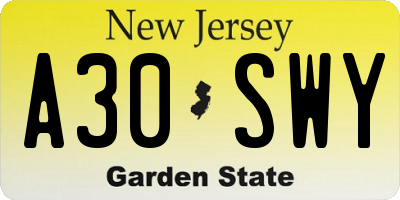NJ license plate A30SWY