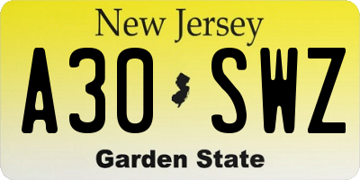 NJ license plate A30SWZ