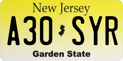 NJ license plate A30SYR