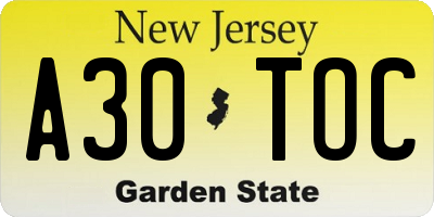 NJ license plate A30TOC