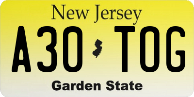 NJ license plate A30TOG