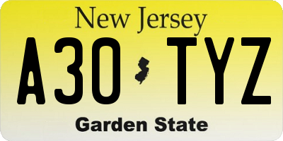 NJ license plate A30TYZ