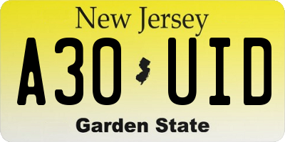 NJ license plate A30UID