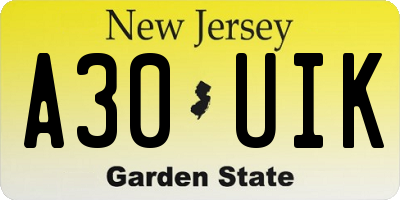 NJ license plate A30UIK