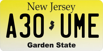 NJ license plate A30UME