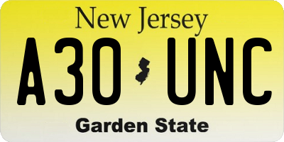 NJ license plate A30UNC