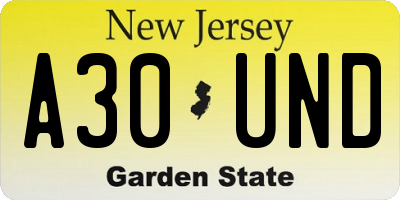 NJ license plate A30UND