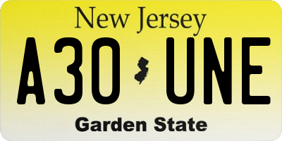 NJ license plate A30UNE