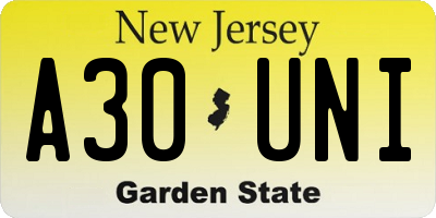 NJ license plate A30UNI