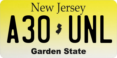 NJ license plate A30UNL
