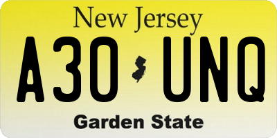 NJ license plate A30UNQ