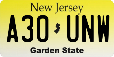 NJ license plate A30UNW