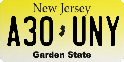 NJ license plate A30UNY