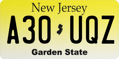 NJ license plate A30UQZ