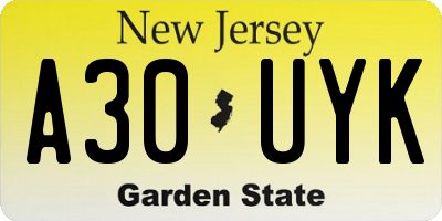 NJ license plate A30UYK