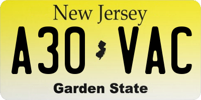 NJ license plate A30VAC
