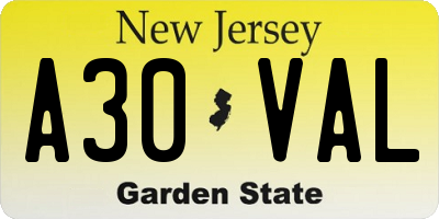 NJ license plate A30VAL