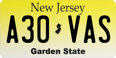 NJ license plate A30VAS