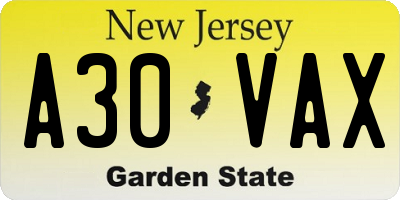 NJ license plate A30VAX