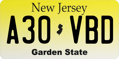 NJ license plate A30VBD