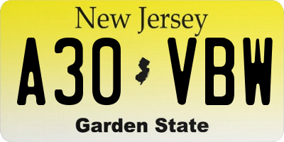 NJ license plate A30VBW