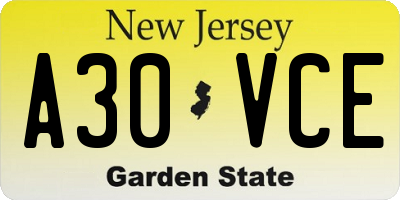 NJ license plate A30VCE