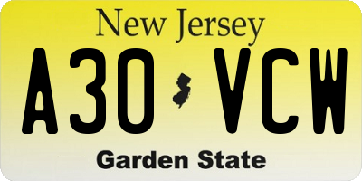 NJ license plate A30VCW