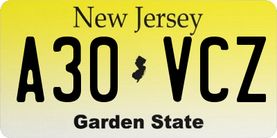 NJ license plate A30VCZ