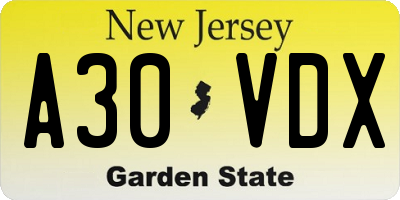 NJ license plate A30VDX