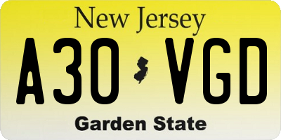 NJ license plate A30VGD