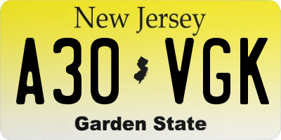 NJ license plate A30VGK