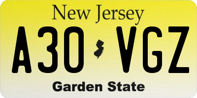 NJ license plate A30VGZ