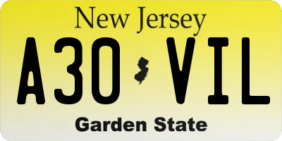 NJ license plate A30VIL
