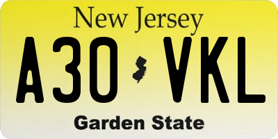 NJ license plate A30VKL