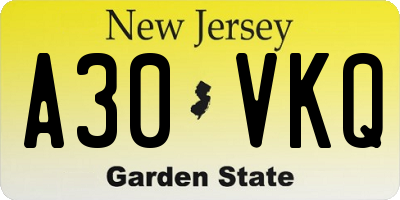 NJ license plate A30VKQ